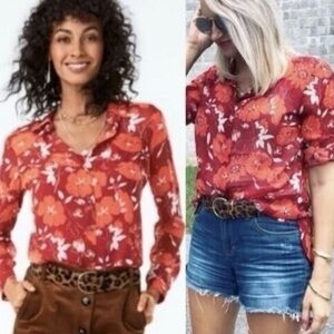Cabi Hothouse Scarlet Flower Long Sleeve Button-Up Blouse Size M Top